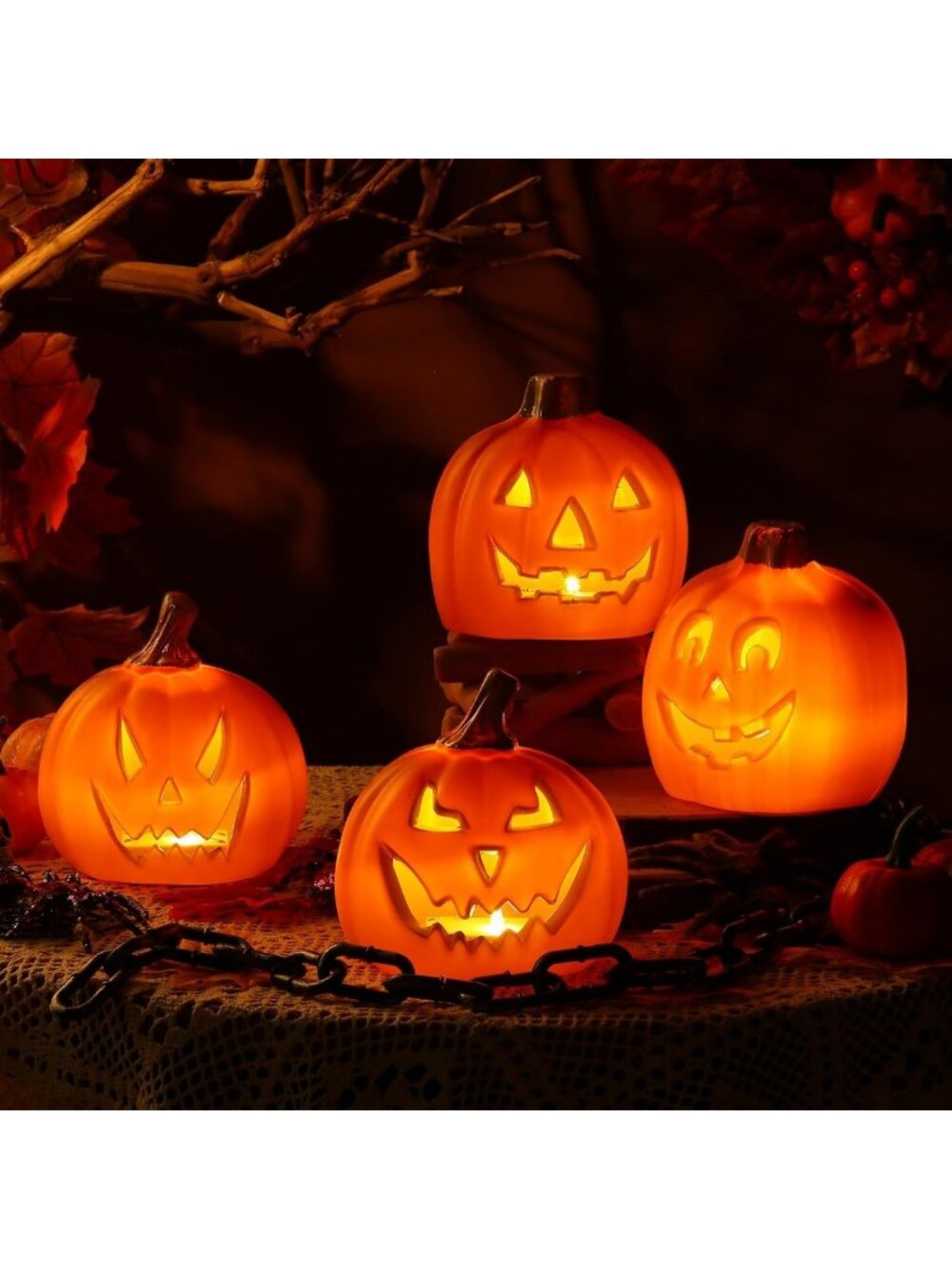 Set of 4 Scary Halloween Pumpkin Jack O'Lanterns - 5.25 Inch Orange Decor